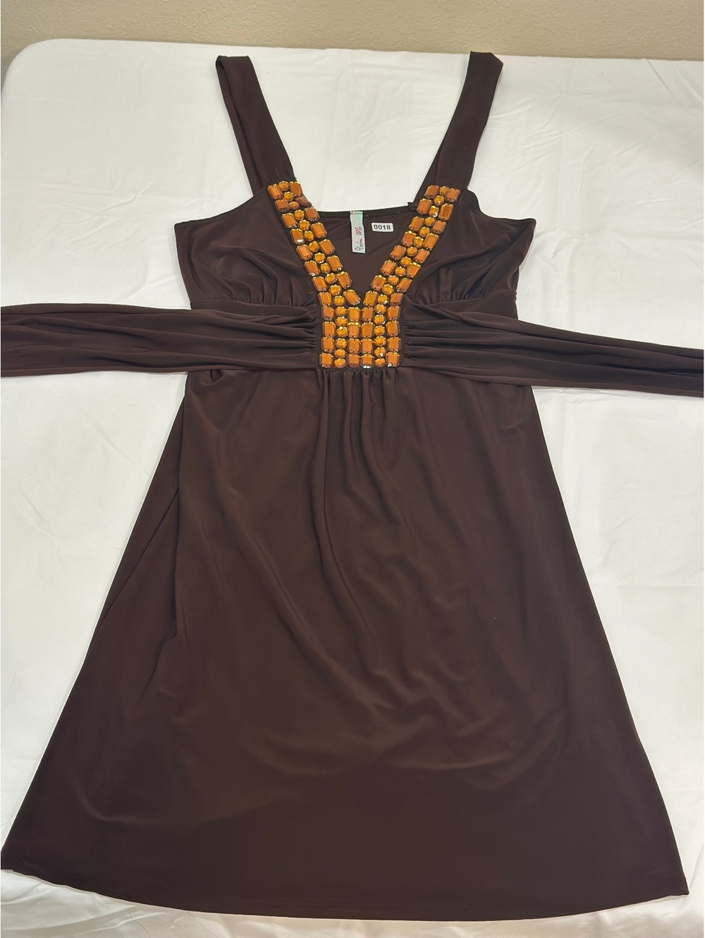 Women's Brown Sleeveless Dress with Amber Beaded V-Neck and Waist Tie, Size M